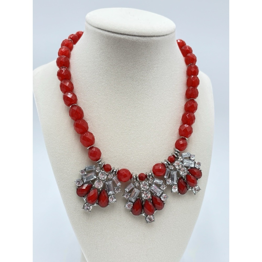 Signed‎ Red Crystal Rhinestone Statement Necklace Bib Wedding Party Glamour